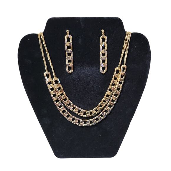 Lane Bryant Curb Chain Layered Necklace & Flat Drop Earrings, 19" + 4" Gold Tone - Picture 1 of 2